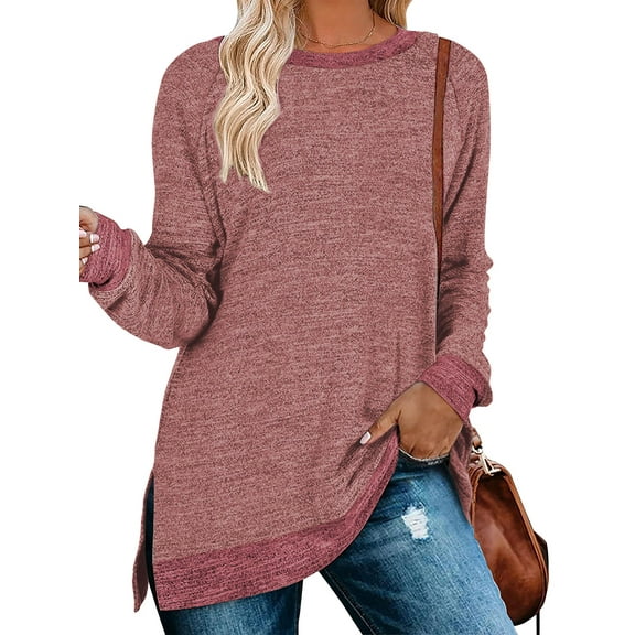 SHIBEVER Womens Tops Long Sleeve T Shirts Fall Fashion Loose Tunic Tops Trendy Side Split Pullover Color Block Crewneck Sweatshirts Blouse