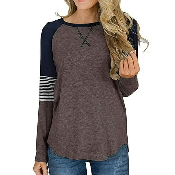 SHIBEVER Womens Tops Long Sleeve T shirts Casual Fall Clothing Fashion Crew Neck Striped Shirt Tunic Tops Color Block Top Blouses Coffee M