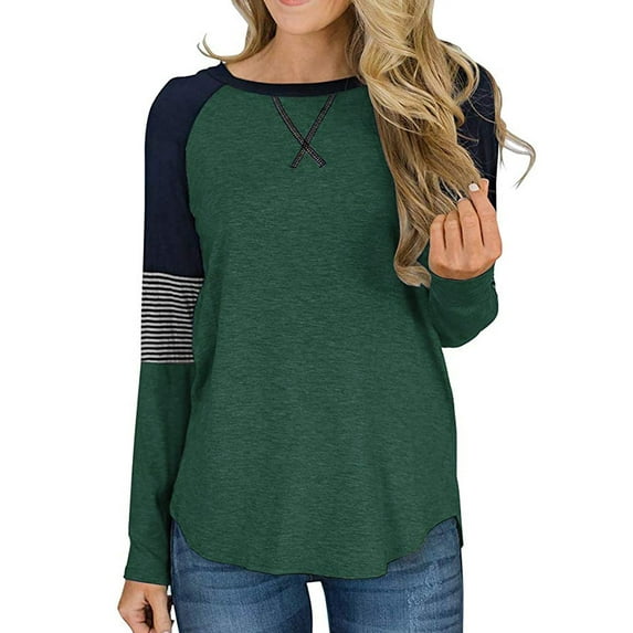 SHIBEVER Womens Tops Long Sleeve T shirts Casual Fall Clothing Fashion Crew Neck Striped Shirt Tunic Tops Color Block Top Blouses Green L