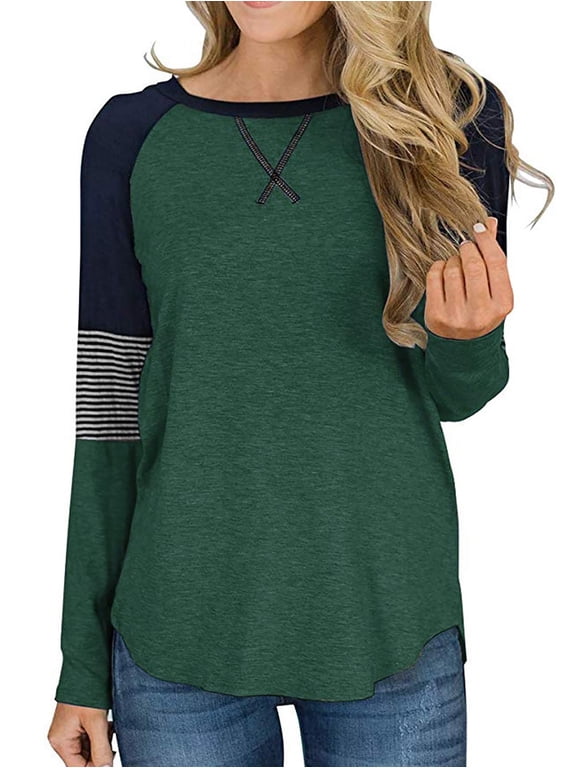 Womens Tops Long Sleeve T shirts Casual Fall Clothing Fashion Crew Neck Striped Shirt Tunic Tops Color Block Top Blouses Green L