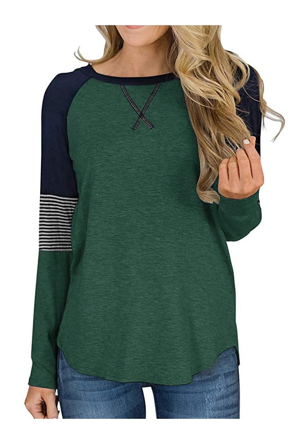 Womens Tops Long Sleeve T shirts Casual Fall Clothing Fashion Crew Neck Striped Shirt Tunic Tops Color Block Top Blouses Green L