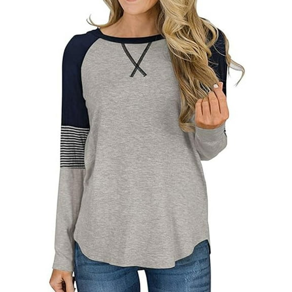 SHIBEVER Womens Tops Long Sleeve T shirts Casual Fall Clothing Fashion Crew Neck Striped Shirt Tunic Tops Color Block Top Blouses Light Gray S
