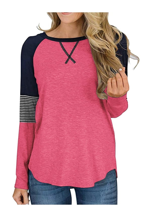 Womens Tops Long Sleeve T shirts Casual Fall Clothing Fashion Crew Neck Striped Shirt Tunic Tops Color Block Top Blouses Pink M