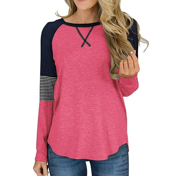 SHIBEVER Womens Tops Long Sleeve T shirts Casual Fall Clothing Fashion Crew Neck Striped Shirt Tunic Tops Color Block Top Blouses Pink XL