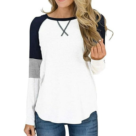 SHIBEVER Womens Tops Long Sleeve T shirts Casual Fall Clothing Fashion Crew Neck Striped Shirt Tunic Tops Color Block Top Blouses White XL