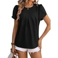 thumbnail image 1 of SHIBEVER Womens Tops Petal Sleeve T Shirts Summer Crew Neck Casual Short Sleeve Tee Fashion Pleated Tops Loose Ladies Blouses Solid Color Black Size M, 1 of 5