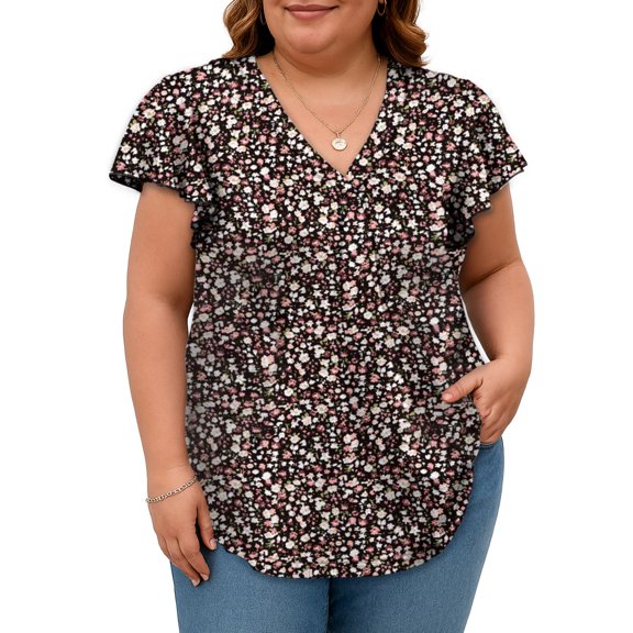 SHIBEVER Womens Tops Plus Size Short Sleeve Summer Casual Floral Top Basic V Neck T Shirts for Women Loose Casual Tees for Ladies Trendy Black-white XXXL