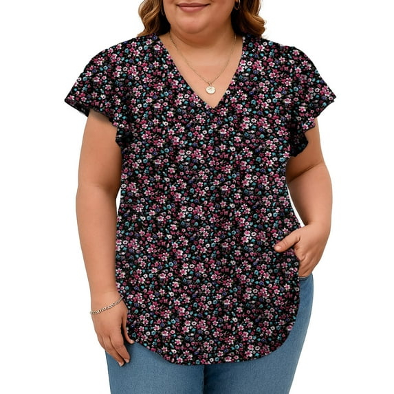 SHIBEVER Womens Tops Plus Size Short Sleeve Summer Floral Top V Neck Tops for women Basic Loose Tees Shirts for Women Casual Clothes Pinkish-black XXXL