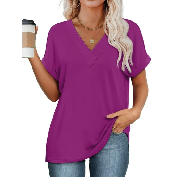 SHIBEVER Womens Tops Plus Size Summer Short Sleeve Shirts for Women Casual V Neck Tops for Women Loose Fit Comfy Rose Purple T Shirts for Women 3XL