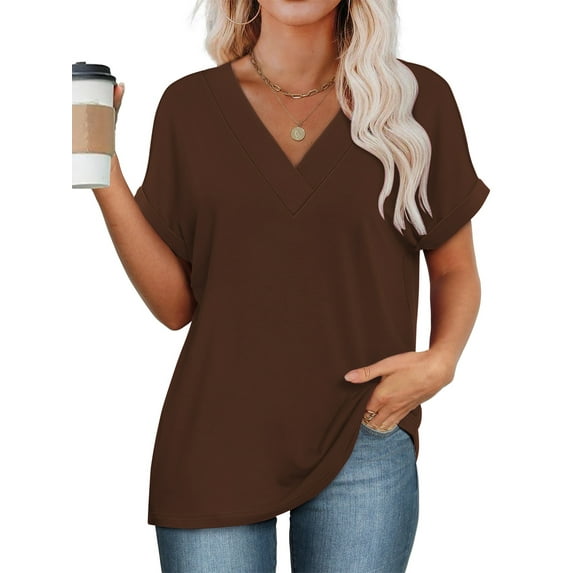 SHIBEVER Womens Tops Plus Size Summer Short Sleeve Shirts for Women Knit Casual Tunic Womens Tops Ladies Loose Fit Coffee Tops and Blouses 3XL