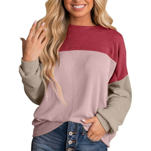 SHIBEVER Womens Tops Round Neck Long Sleeve Shirts Ribbed Knitted Casual Sweatshirts for Women Pullover Color Block Fall Clothing Tunics Tops Blouses Size XL