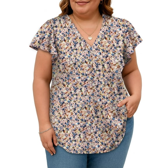 SHIBEVER Womens Tops Short Sleeve Plus Size Summer Floral Top V Neck Tops for women Basic Loose Tees Shirts for Women Casual Clothes Pinkish-blue XXXL