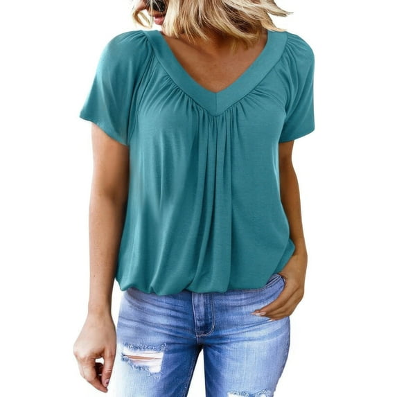 SHIBEVER Womens Tops Short Sleeve Summer Casual Basic V Neck T Shirts for Women Loose Casual Tees for Ladies Tops for Woman Peacock Green S