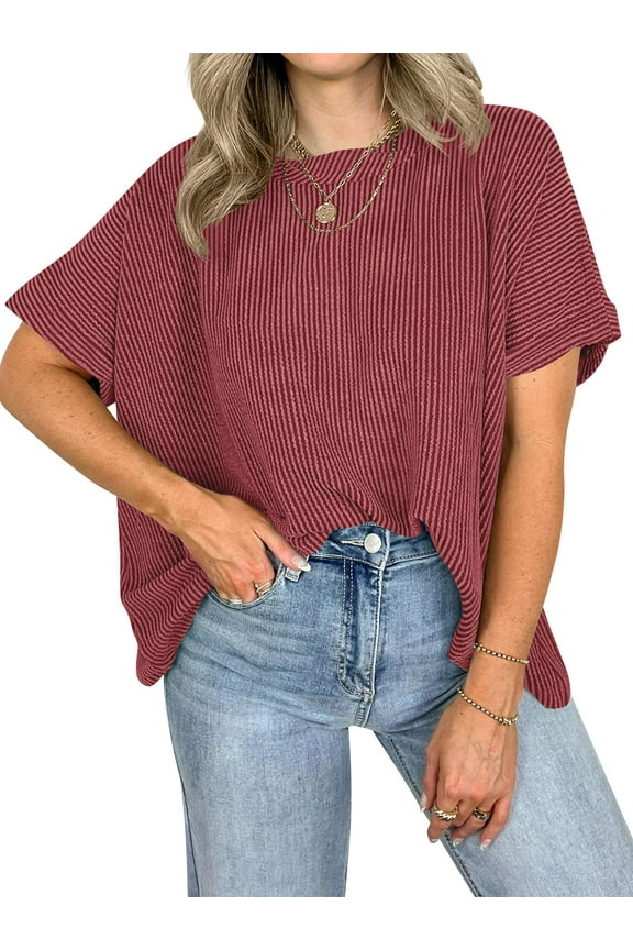 Womens Tops Short Sleeve Summer Casual Top Basic Crew Neck T Shirts for Women Tunic Loose Casual Tees for Ladies Trendy Red L