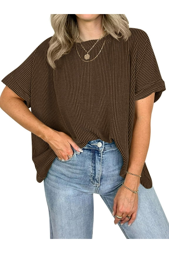 Womens Tunic Tops Short Sleeve Summer Loose Top Basic Round Neck T Shirts for Women Casual Clothes Tees for Ladies Trendy Brown XL