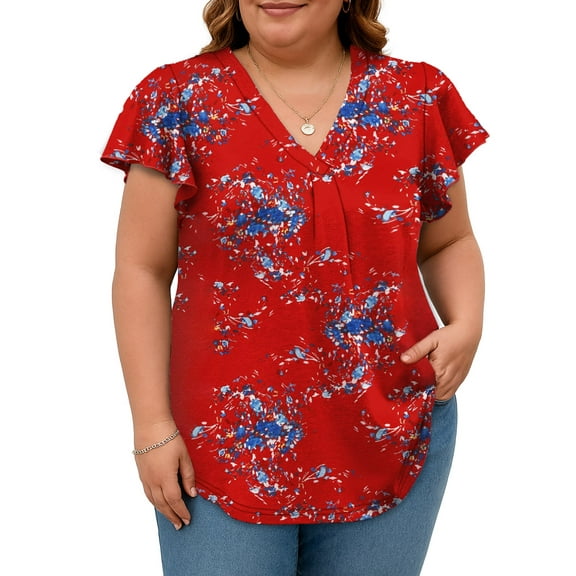 SHIBEVER Womens Tops Short Sleeve Summer Plus Size Floral Top Loose Basic V Neck T Shirts for Women Casual Tees for Ladies Trendy Blue-red XXXL