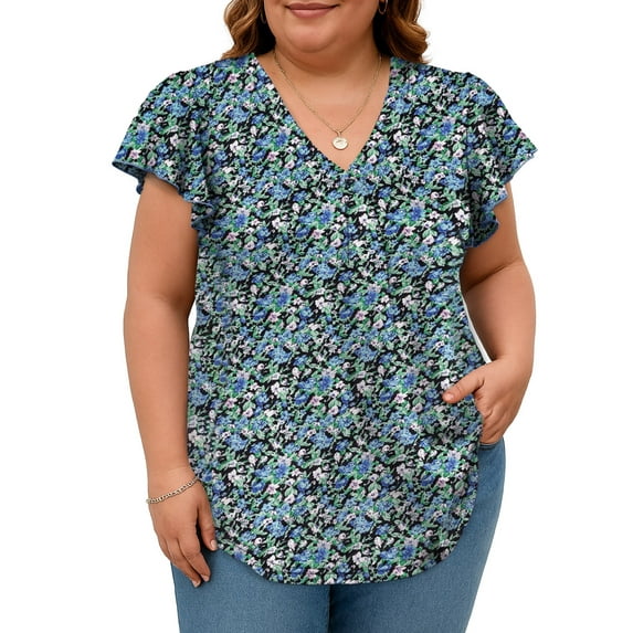 SHIBEVER Womens Tops Short Sleeve Summer Plus Size Floral Top V Neck T Shirts for Women Casual Tees for Ladies Trendy Loose clothes Black-blue XXL