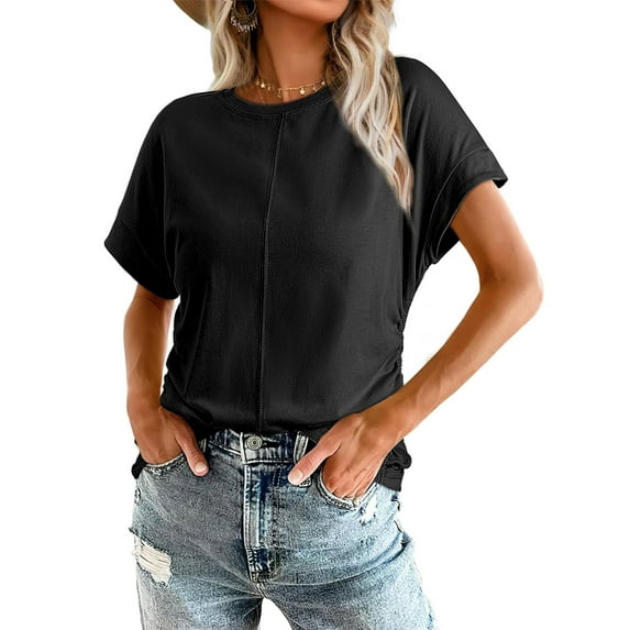 SHIBEVER Womens Tops Short Sleeve Summer Top Crew Neck Top for Women Basic T Shirts for Women Clothes Round Neck Trendy Black L