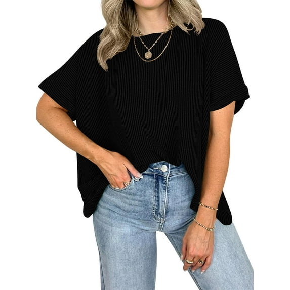 SHIBEVER Womens Tops Short Sleeve Summer Tshirt Round Neck Loose Tunic Tops for women Basic Tees Shirts for Women Casual Clothes Black M