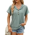 thumbnail image 1 of SHIBEVER Womens Tops Summer Short Sleeve Hoodies Casual Drawstring Hoodies Tops Button Front V Neck T Shirts Pullover Tops Blouses Green, 1 of 5