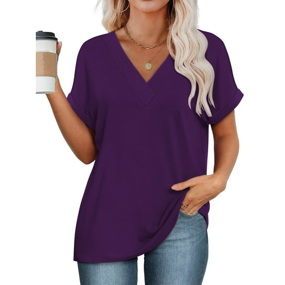 SHIBEVER Womens Tops Summer Short Sleeve Shirts for Women Casual V Neck Tops for Women Loose Fit Comfy Purple T Shirts for Women XL
