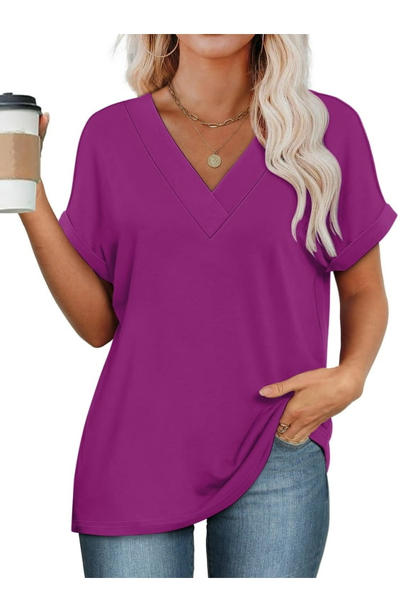 Womens Tops Summer Short Sleeve Shirts for Women Casual V Neck Tops for Women Loose Fit Comfy Rose Purple T Shirts for Women M