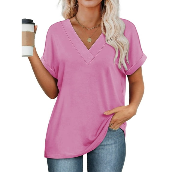 SHIBEVER Womens Tops Summer Short Sleeve Shirts for Women Casual V Neck Tops for Women Pink Loose Fit Soft T Shirts for Women L
