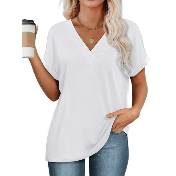 SHIBEVER Womens Tops Summer Short Sleeve Shirts for Women Casual V Neck Tops for Women White Loose Fit Soft T Shirts for Women M