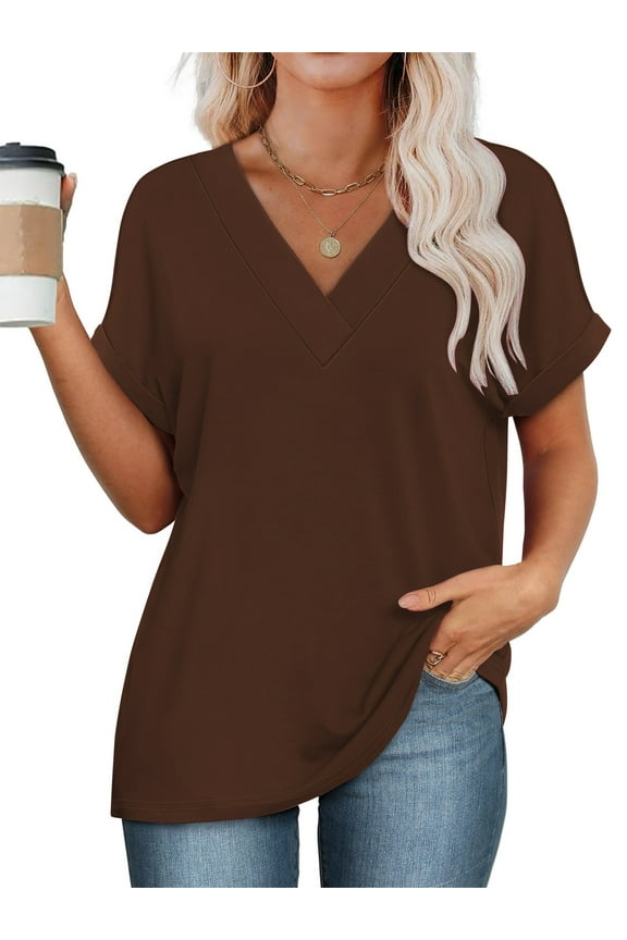 Womens Tops Summer Short Sleeve Shirts for Women Knit Casual Tunic Womens Tops Ladies Loose Fit Coffee Tops and Blouses M
