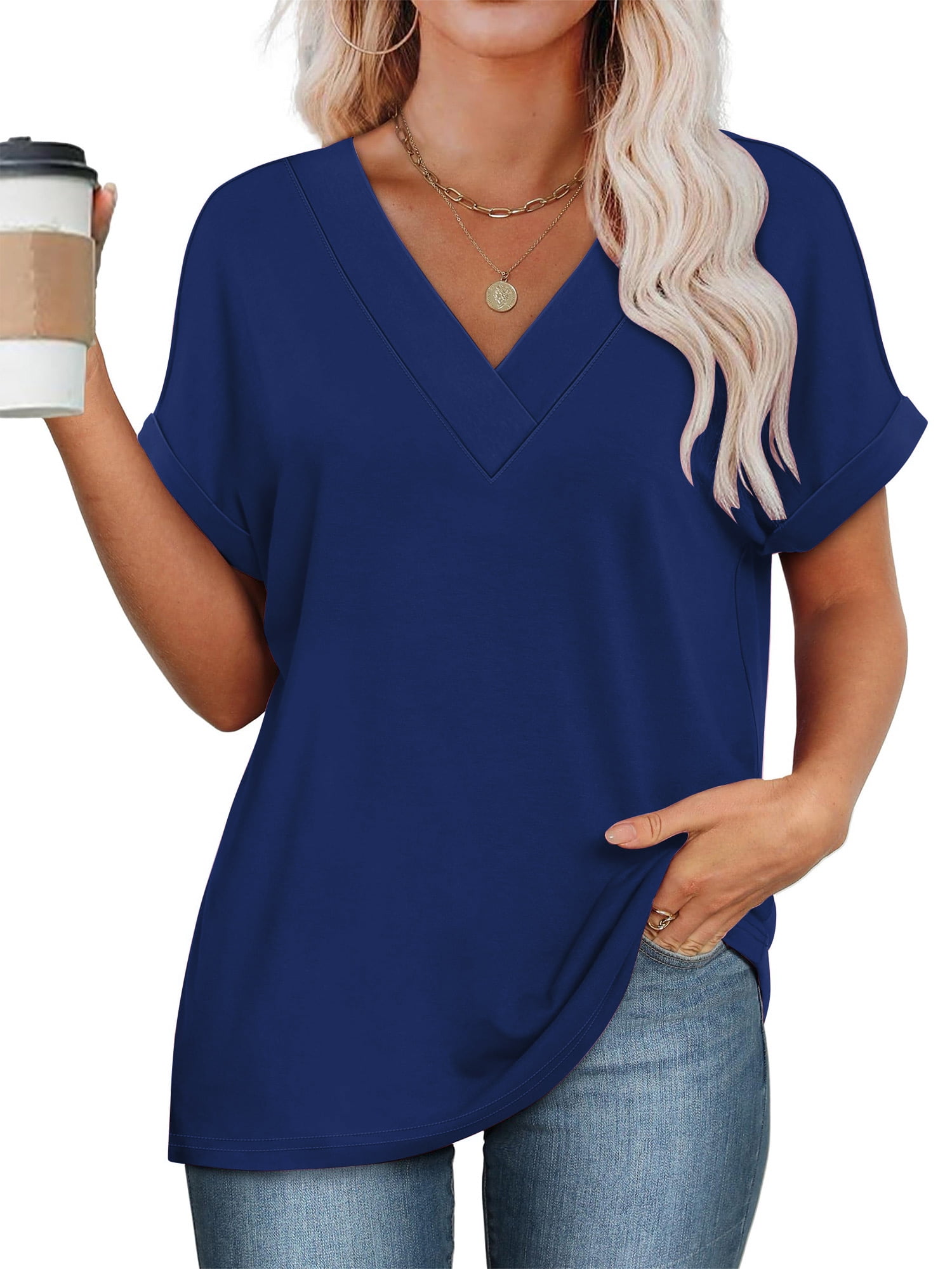 SHIBEVER Womens Tops Summer Short Sleeve Shirts for Women V Neck T ...