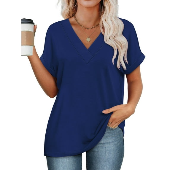SHIBEVER Womens Tops Summer Short Sleeve Shirts for Women V Neck T Shirts for Women Blue Casual Tunic Tops for Women Loose Fit S