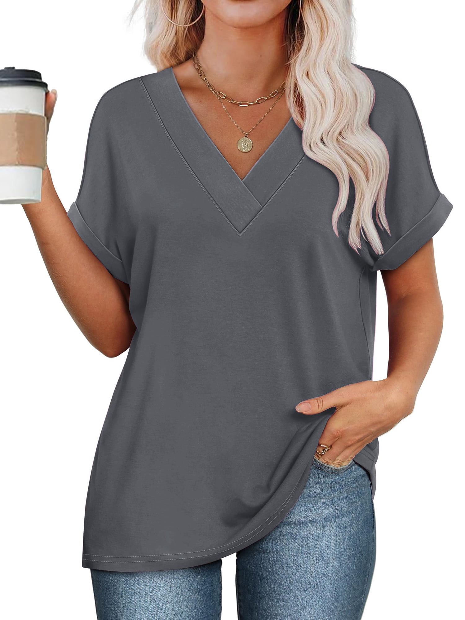 SHIBEVER Womens Tops Summer Short Sleeve Shirts for Women V Neck T ...