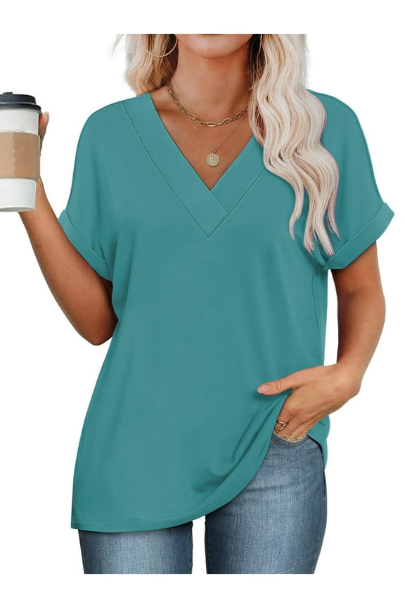 Womens Tops Summer Short Sleeve Shirts for Women V Neck T Shirts for Women Light Blue Casual Tunic Tops for Women Loose Fit L