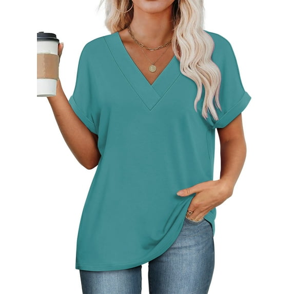 SHIBEVER Womens Tops Summer Short Sleeve Shirts for Women V Neck T Shirts for Women Light Blue Casual Tunic Tops for Women Loose Fit XXL