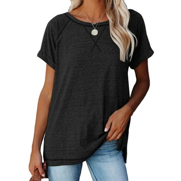 SHIBEVER Womens Tops Summer Short Sleeve T Shirts Casual Crewneck Loose Tunic Tops Soft Ladies Tops Workout Shirts Blouses Black L