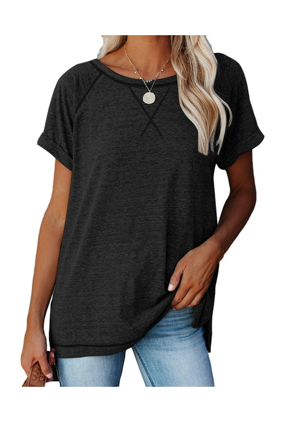 Womens Tops Summer Short Sleeve T Shirts Casual Crewneck Loose Tunic Tops Soft Ladies Tops Workout Shirts Blouses Black L