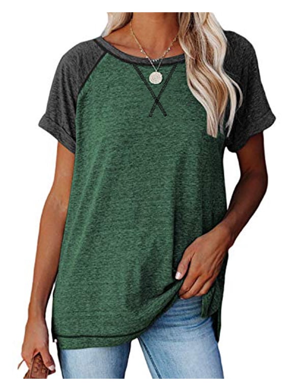 Womens Tops Summer Short Sleeve T Shirts Casual Loose Side Slit Tunic Tops Striped Crewneck Color Block T-Shirts Ladies Blouses Green L
