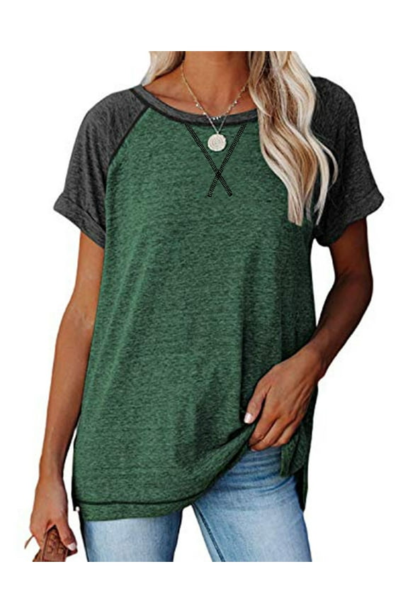 Womens Tops Summer Short Sleeve T Shirts Casual Loose Side Slit Tunic Tops Striped Crewneck Color Block T-Shirts Ladies Blouses Green XL