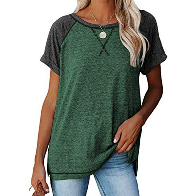 SHIBEVER Womens Tops Summer Short Sleeve T Shirts Casual Loose Side Slit Tunic Tops Striped Crewneck Color Block T-Shirts Ladies Blouses Green XXL