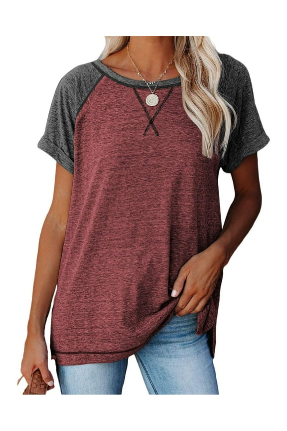 Womens Tops Summer Short Sleeve T Shirts Casual Loose Side Split Tunic Tops Striped Crewneck Color Block Tops Lady Blouses Red L