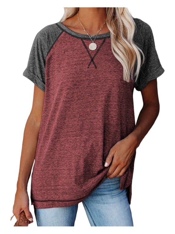 Womens Tops Summer Short Sleeve T Shirts Casual Loose Side Split Tunic Tops Striped Crewneck Color Block Tops Lady Blouses Red XL