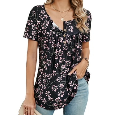 SHIBEVER Womens Tops Summer Tunic Tops Short Sleeve Casual Floral Pattern V Neck T Shirts Loose Soft Cute Shirts with Button Tops Blouses