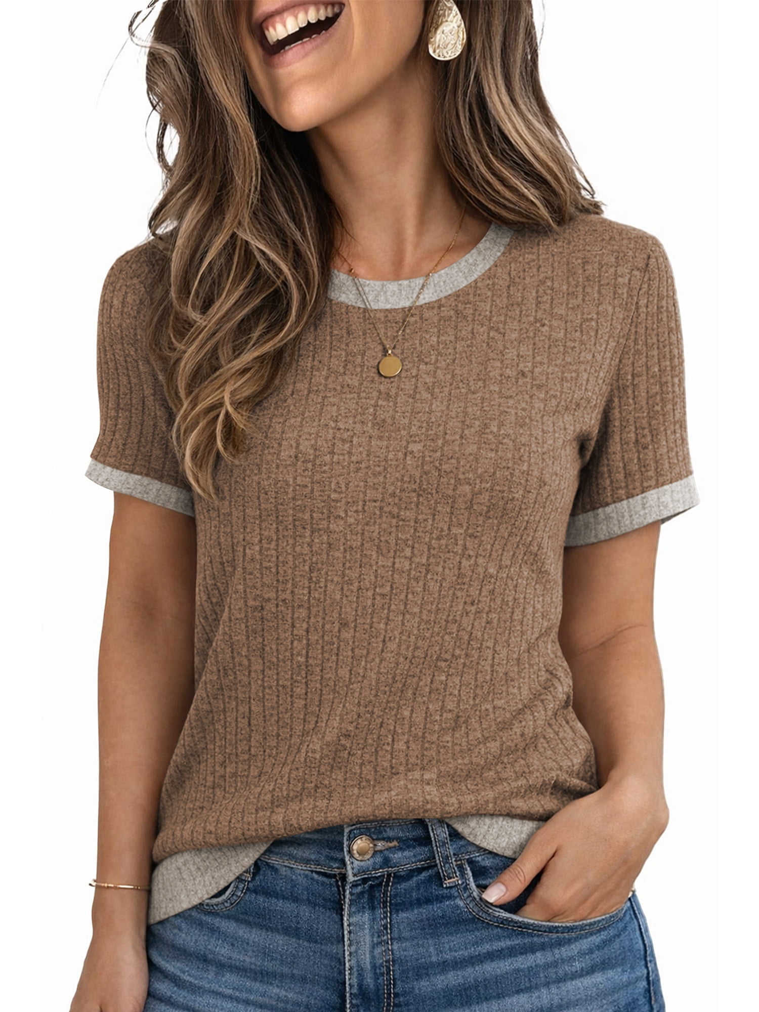 Womens Tops T Shirts for Summer Clothes Short Sleeve Ladies Casual Crew Neck Blouses Tee Colorblock Brown Clothing Pullover L