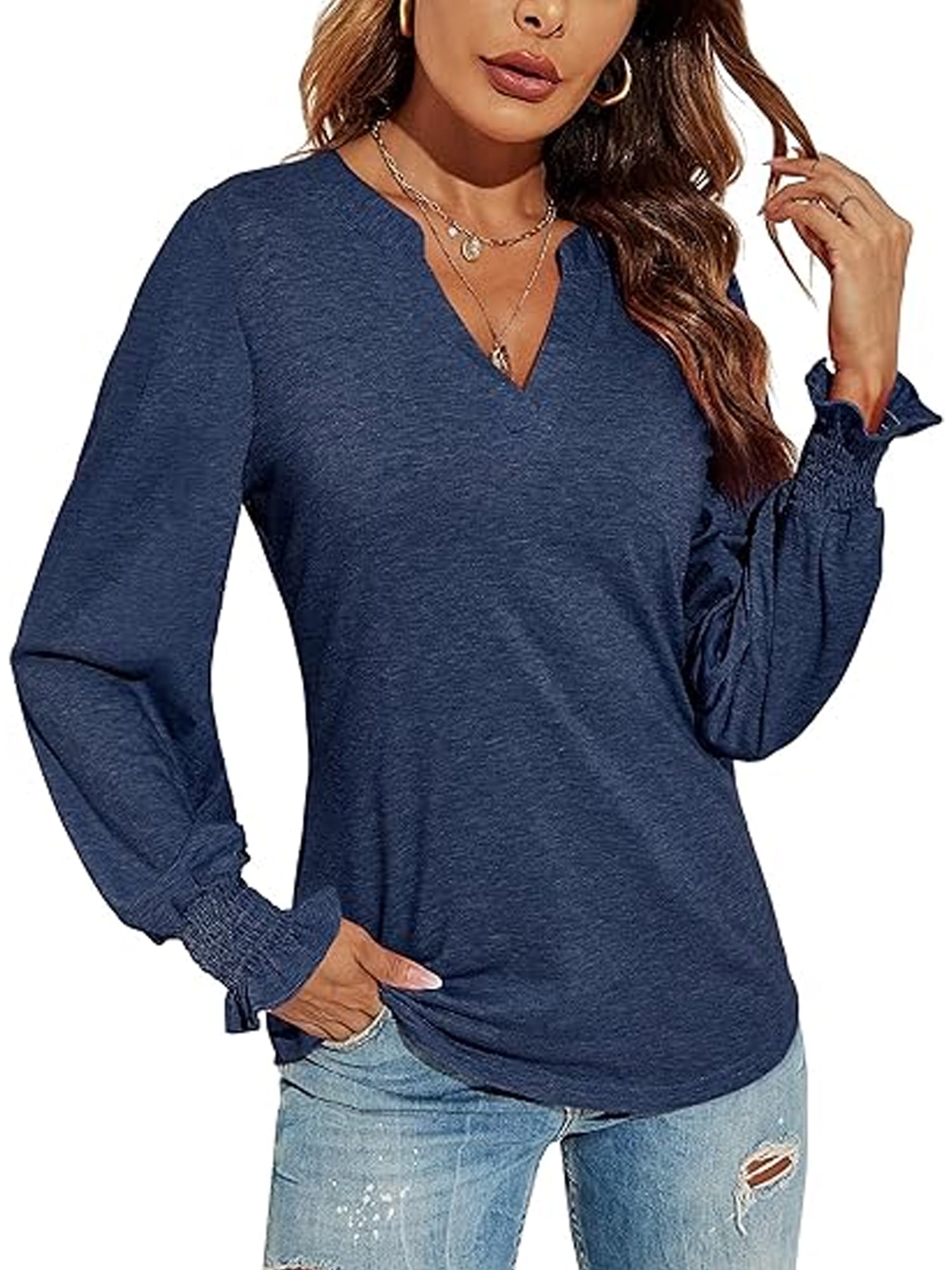 TEMOFON Long Sleeve Shirts for Women Fall Tops Casual V-neck Blouses ...