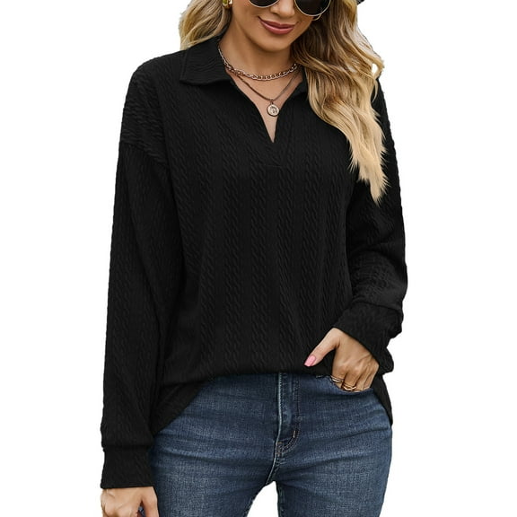SHIBEVER Womens Fall Tops V Neck Long Sleeve Shirts Casual Tunic Tops Henley T shirts Lapel Collar Blouses Loose Fit Fashion Pullover Solid Color Black Size L