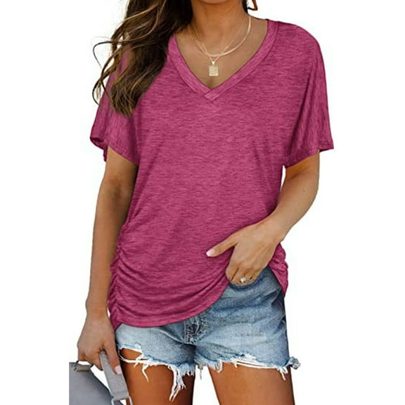 SHIBEVER Womens V-Neck Short Sleeve Tops Solid Casual Loose Basic T Shirts for Women Clothes Side Shirring Basics Tshirts Pleated Tunics Plus Size 3XL
