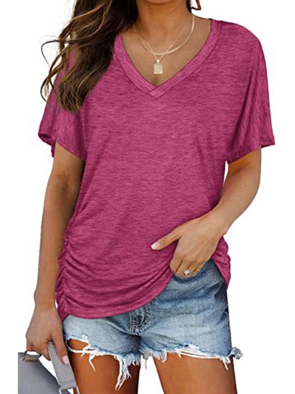 Womens V-Neck Short Sleeve Tops Solid Casual Loose Basic T Shirts for Women Clothes Side Shirring Basics Tshirts Pleated Tunics Size S
