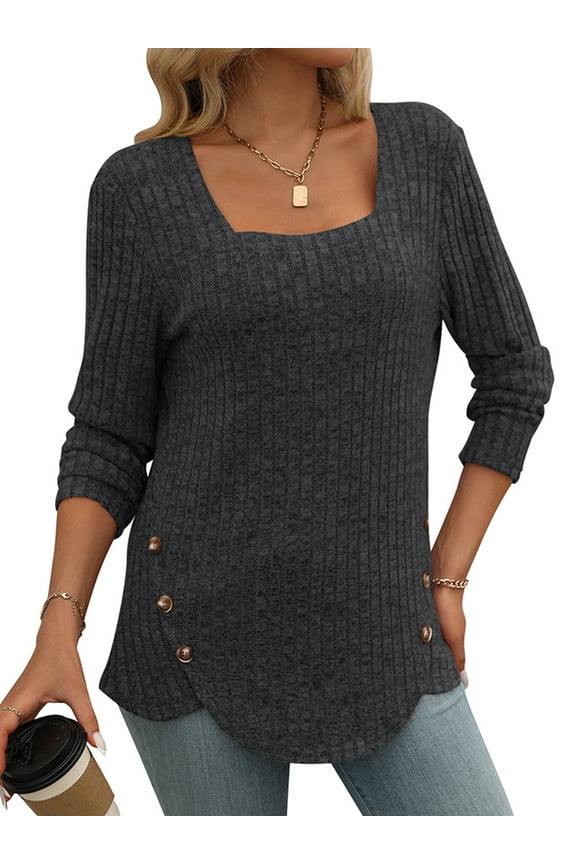 Womens long sleeve sweater Ribbed slim fit knit Pullover Top Square Neck solid color fall Shirt for women black