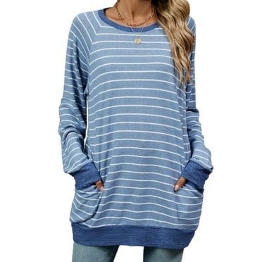 SHIBEVER Womens tunic Tops plus size pullover Long Sleeve Stripe Shirts Casual Oversized Blouse Tunic with Pocket
