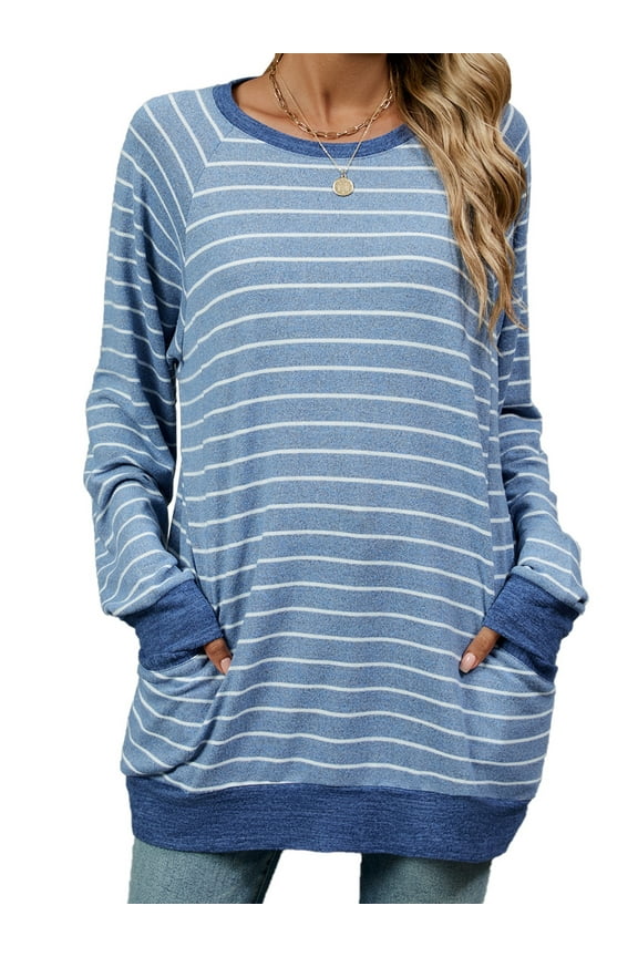 Womens tunic Tops plus size pullover Long Sleeve Stripe Shirts Casual Oversized Blouse Tunic with Pocket